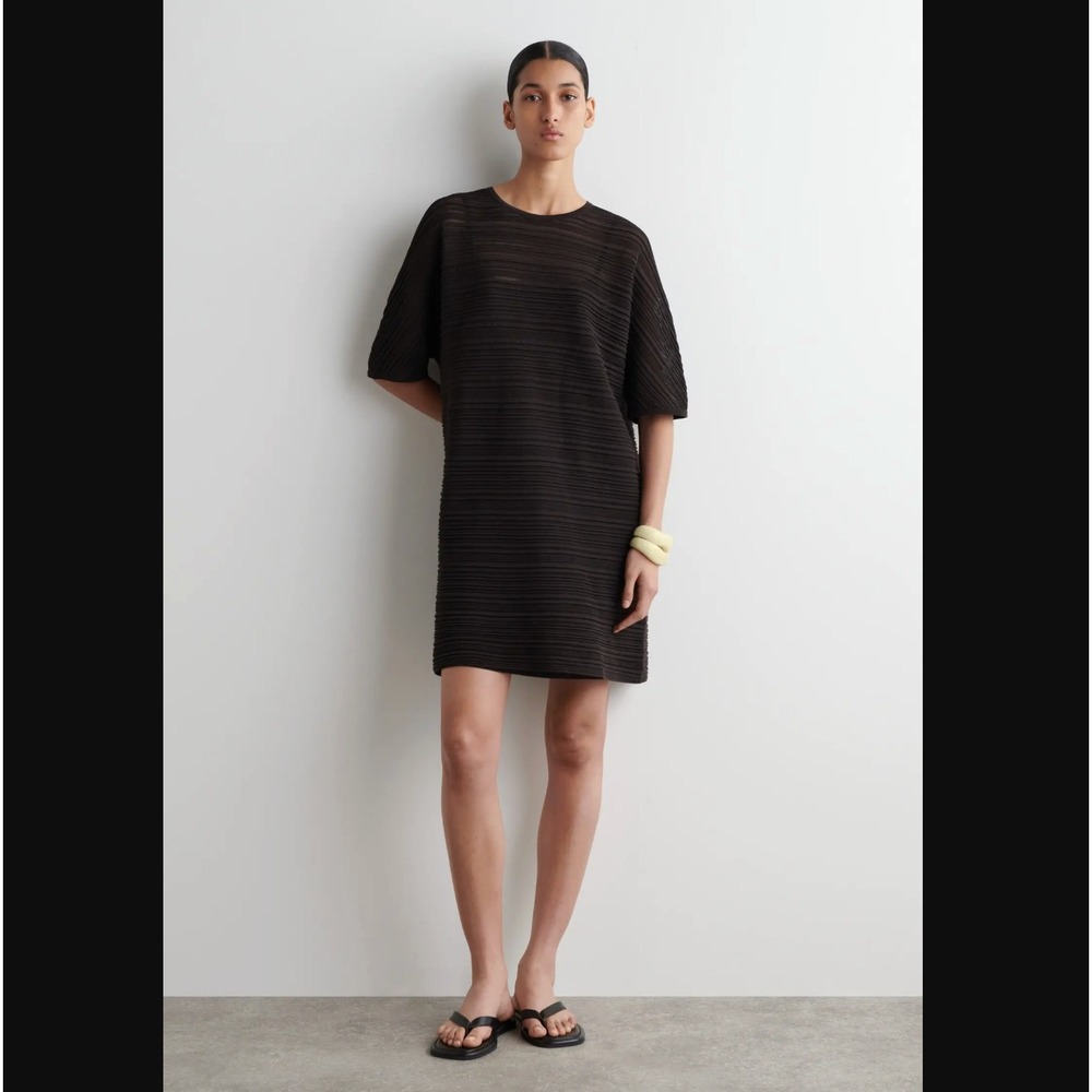 COS Sz Small Pleated Knit Dress Chocolate Brown Minimalist Shift Cotton Blend